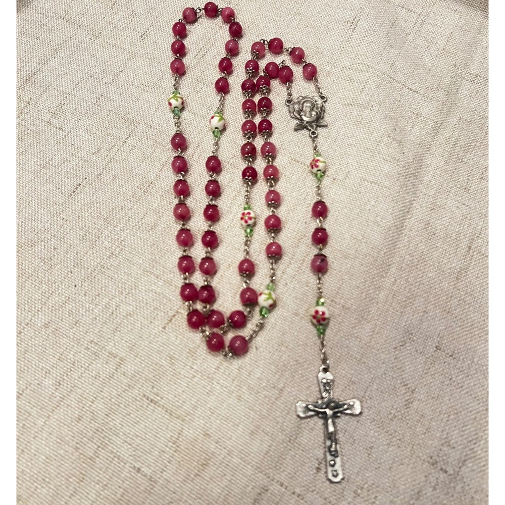 Magenta Pink Bead Rosary Necklace Silver Tone Crucifix Religious Catholic Prayer